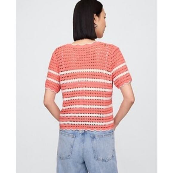 NWT GAP Womens Crochet Short Sleeve Sweater Top Pink White Stripe Size M - Picture 2 of 9
